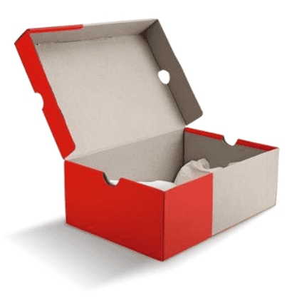 A red and gray empty shoebox with folded paper inside, partially open, placed on a white background.